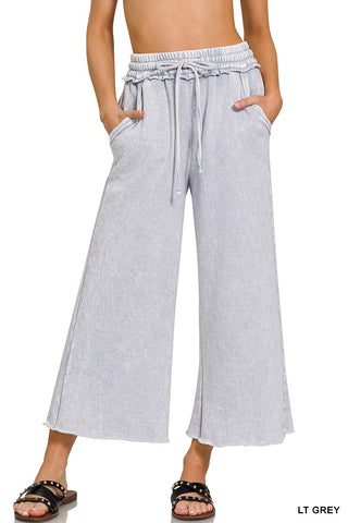 LIGHT GREY WASH FLEECE PALAZZO SWEATPANTS WITH POCKETS Final Sale