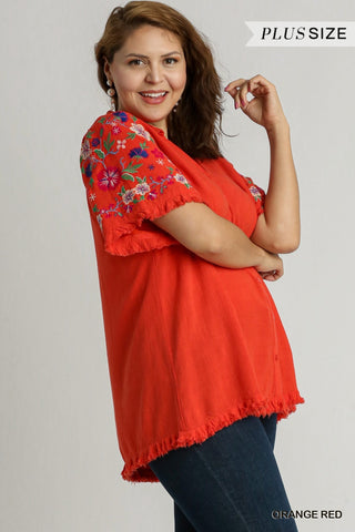 Curvy Red Orange Linen Shirt with Embroidered Sleeves FINAL SALE