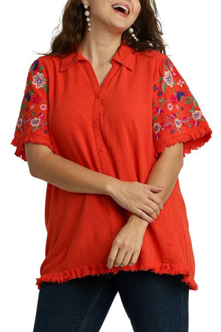 Curvy Red Orange Linen Shirt with Embroidered Sleeves FINAL SALE