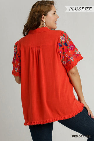 Curvy Red Orange Linen Shirt with Embroidered Sleeves FINAL SALE