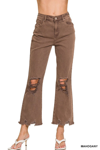 Mahagony Acid Washed High Waist Distressed Straight Pants