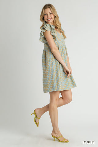 Light Blue Checkered Ruffle Sleeve V-neck Mid Button Dress Final Sale