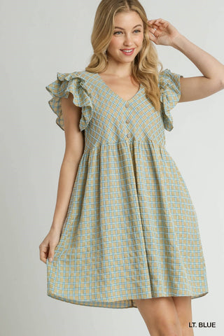 Light Blue Checkered Ruffle Sleeve V-neck Mid Button Dress Final Sale