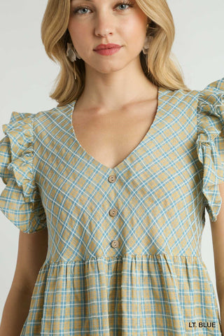 Light Blue Checkered Ruffle Sleeve V-neck Mid Button Dress Final Sale