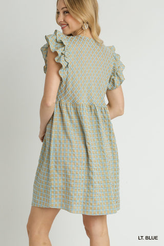 Light Blue Checkered Ruffle Sleeve V-neck Mid Button Dress Final Sale