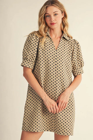 Taupe Short Puff Sleeves Polka Dot Dress with Side Pockets