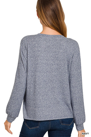Navy Soft Melange Hacci Round Neck Top