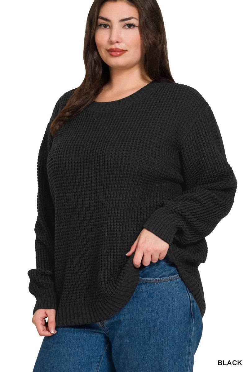 CURVY BLACK HI-LOW LONG SLEEVE ROUND NECK WAFFLE SWEATER