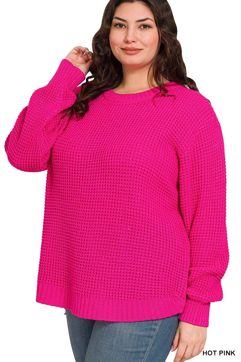 CURVY HOT PINK HI-LOW LONG SLEEVE ROUND NECK WAFFLE SWEATER