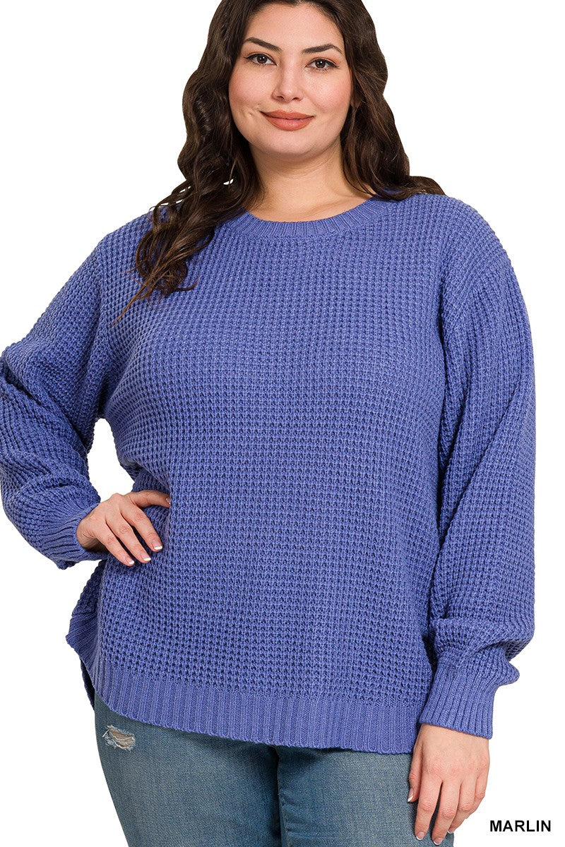 CURVY MARLIN HI-LOW LONG SLEEVE ROUND NECK WAFFLE SWEATER