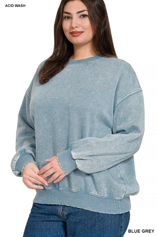 CURVY BLUE GREY ACID WASH FLEECE OVERSIZED PULLOVER