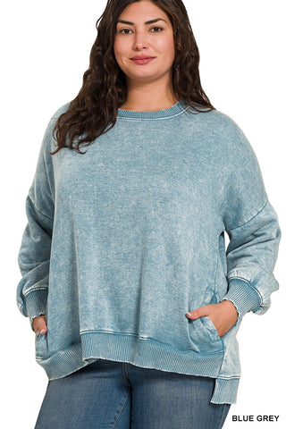 Curvy Blue Grey Acid Wash Fleece Hi-low Hem Pullover
