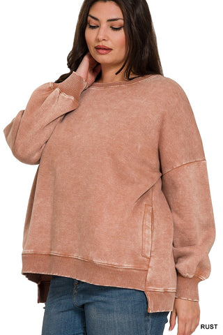 Curvy Rust Acid Wash Fleece Hi-low Hem Pullover