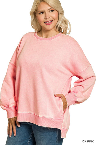 Curvy Pink Acid Wash Fleece Hi-low Hem Pullover
