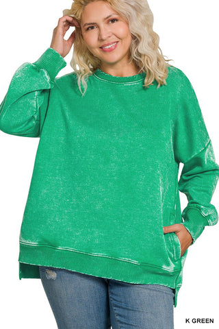 Curvy Kelly Green Acid Wash Fleece Hi-low Hem Pullover