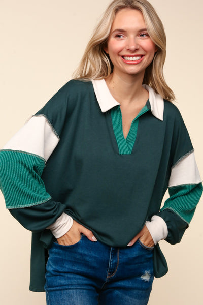 CURVY COLOR BLOCK BUBBLE LONG SLEEVE PULLOVER TOP