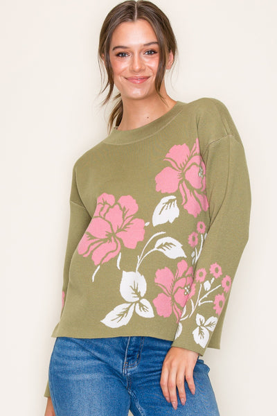 OLIVE/PINK FLOWER JACQUARD PULLOVER SWEATER