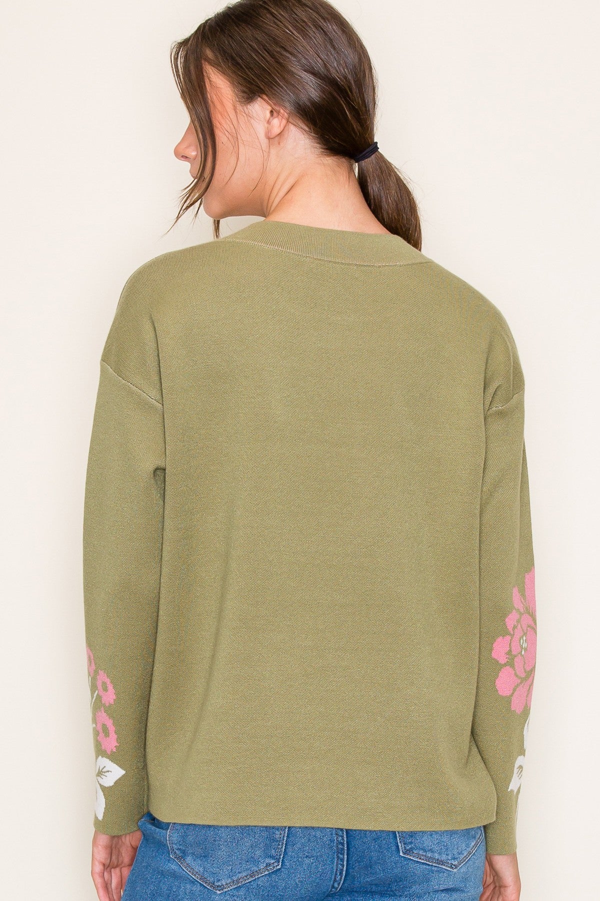 OLIVE/PINK FLOWER JACQUARD PULLOVER SWEATER