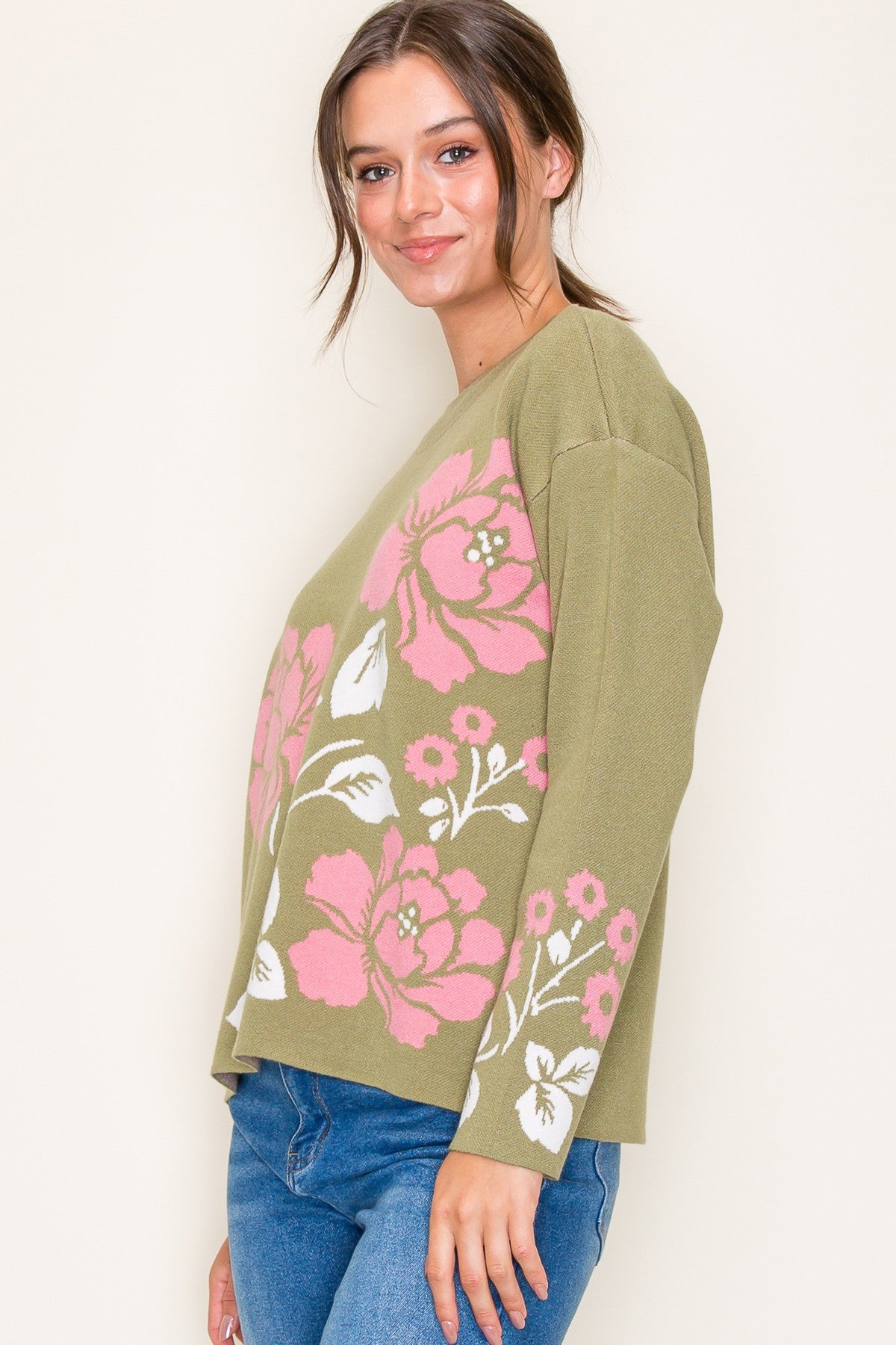 OLIVE/PINK FLOWER JACQUARD PULLOVER SWEATER