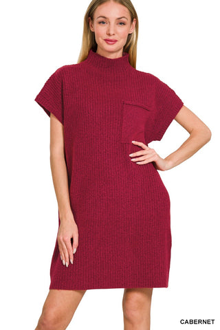 CABERNET MOCK NECK SHORT SLEEVE SWEATER DRESS WITH POCKET Final Sale