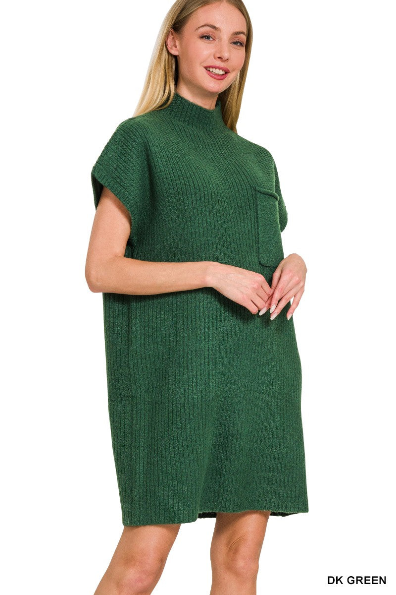 DK GREEN MOCK NECK SHORT SLEEVE SWEATER DRESS WITH POCKET