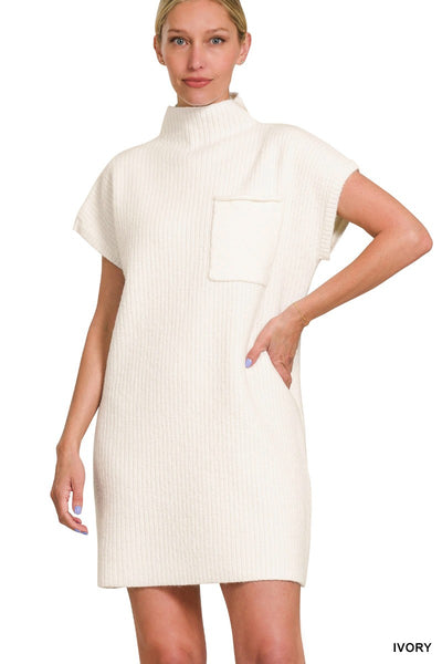 IVORY MOCK NECK SHORT SLEEVE SWEATER DRESS WITH POCKET