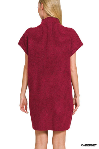 CABERNET MOCK NECK SHORT SLEEVE SWEATER DRESS WITH POCKET Final Sale