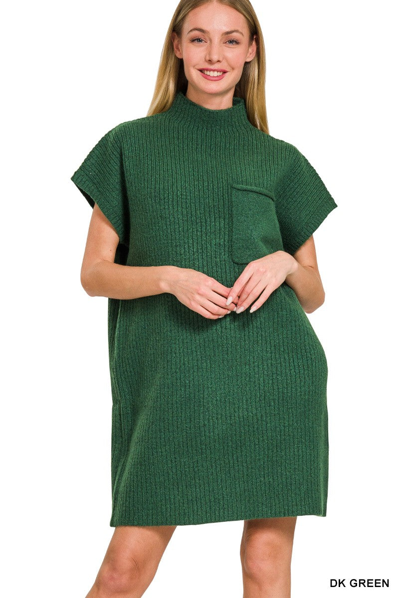 DK GREEN MOCK NECK SHORT SLEEVE SWEATER DRESS WITH POCKET