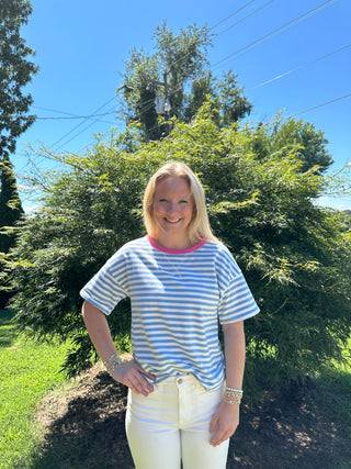 Sky Blue Oversized Terry Striped Top FINAL SALE