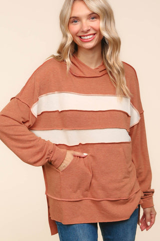 CURVY RUST COLOR BLOCK PULLOVER HOODIE WITH SIDE SLITS Final Sale