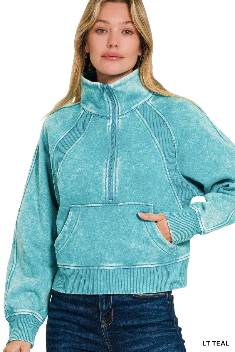 LT TEAL ACID WASHED HALF ZIP FLEECE PULLOVER