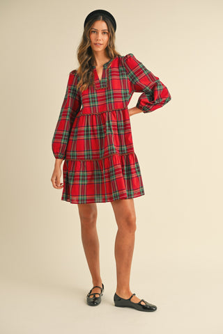 Red Plaid Scallop Trim Detail Babydoll Mini Dress