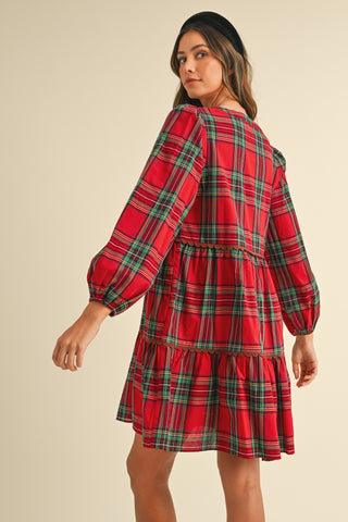 Red Plaid Scallop Trim Detail Babydoll Mini Dress