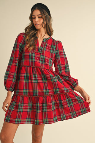 Red Plaid Scallop Trim Detail Babydoll Mini Dress