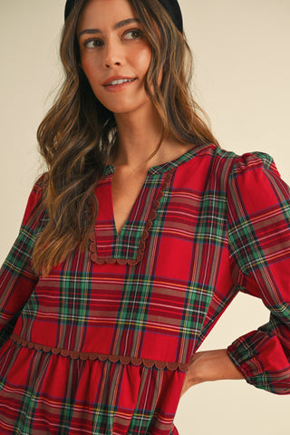 Red Plaid Scallop Trim Detail Babydoll Mini Dress