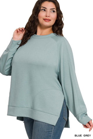 Curvy Blue Grey Scuba Round Neck Pullover With Side Slits