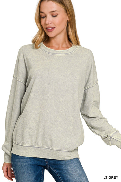 LIGHT GREY FRENCH TERRY WASHED ROUND-NECK PULLOVER SWEATSHIRTS