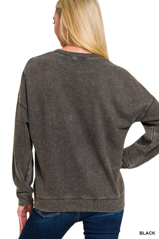 BLACK FRENCH TERRY WASHED ROUND-NECK PULLOVER SWEATSHIRT Final Sale