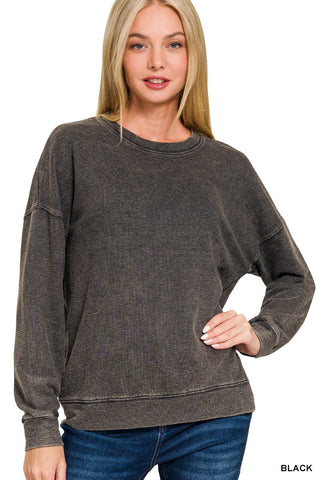 BLACK FRENCH TERRY WASHED ROUND-NECK PULLOVER SWEATSHIRT Final Sale