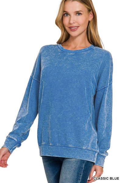 CLASSIC BLUE FRENCH TERRY WASHED ROUND-NECK PULLOVER SWEATSHIRTS