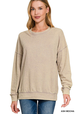 ASH MOCHA FRENCH TERRY WASHED ROUND-NECK PULLOVER SWEATSHIRT