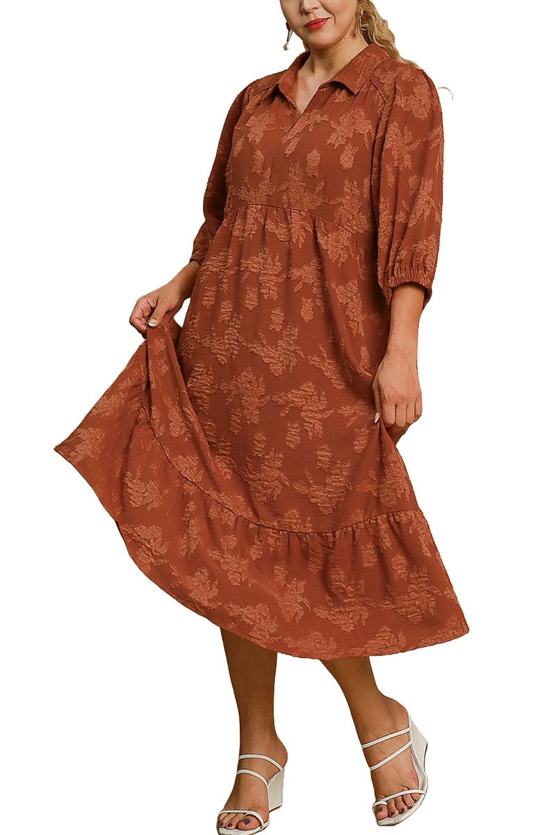 Rust Floral Burnout Midi Dress