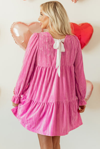 Pink Velvet Ruffle Flounce Sleeve Mini Dress w/ Pockets and Back Bow Tie