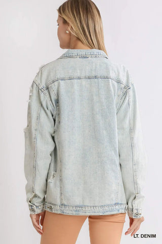Light Acid Washed Distressed Denim Jacket with Pockets