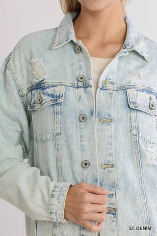 Light Acid Washed Distressed Denim Jacket with Pockets