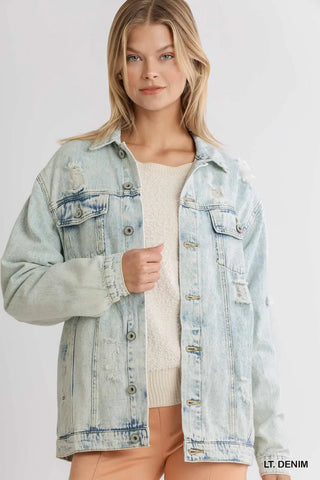 Light Acid Washed Distressed Denim Jacket with Pockets