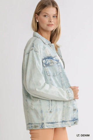 Light Acid Washed Distressed Denim Jacket with Pockets