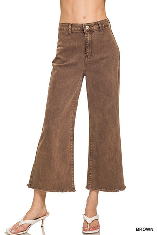 Brown Acid Washed High Waist Frayed Hem Straight Pants