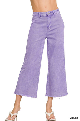 Violet Acid Washed High Waist Frayed Hem Straight Pants