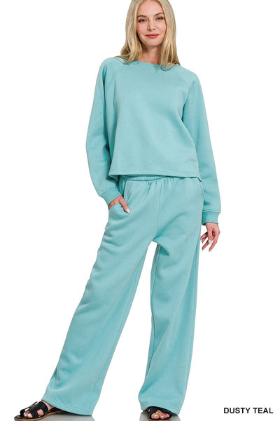 DUSTY TEAL FLEECE RAGLAN SLEEVE PULLOVER & SWEATPANTS SET